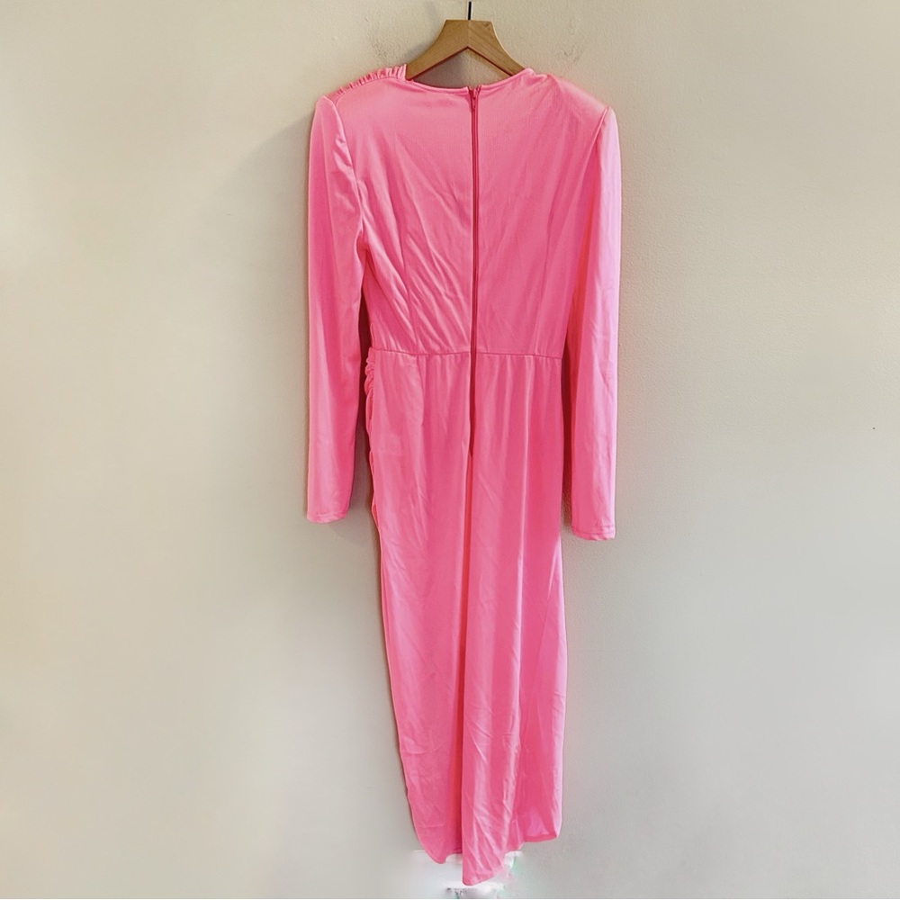 Bronx and Banco Electric Pink Maxi Sash Waist Dress Size Large Long Sleeve Slit - Picture 7 of 16